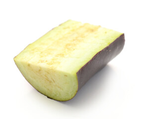 Aubergine, Solanum melongena, egg plant, single ripe fruit and halved fruit next to it - stock photo	
