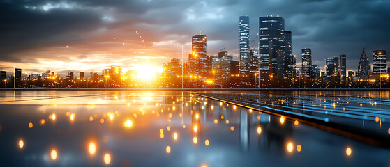 Fototapeta premium Solar energy investment development urban landscape digital art evening glow aerial view renewable future