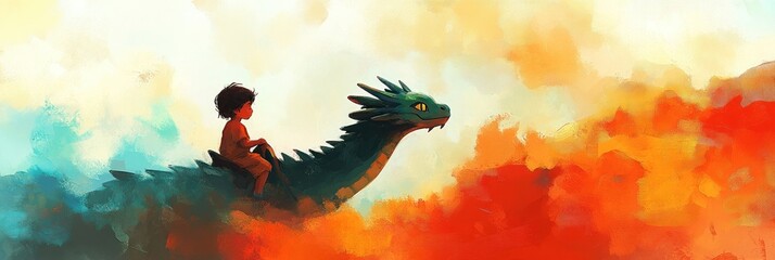 A child rides a dragon against a colorful, fiery sky, evoking adventure and imagination.