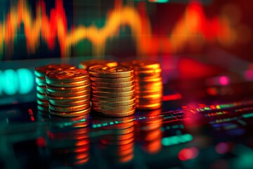 Stacks of shiny gold coins reflect vibrant digital charts. This image represents finance trends and investment strategies. A colorful and engaging visual for financial discussions. Generative AI