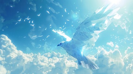 A white bird in a low-polygon style soars through a bright blue sky with white clouds, with a flock of birds in the distance.