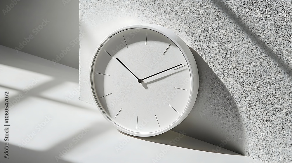Poster minimalistic white wall clock with simple design casting shadows on a bright surface, ideal for mode