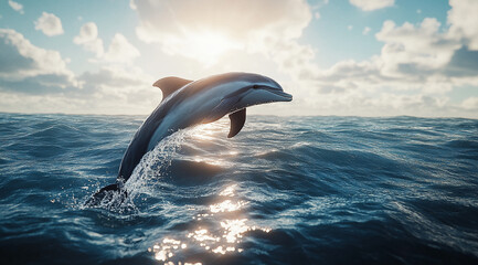 Fototapeta premium A dolphin leaps out of the water, its sleek body catching the sunlight. The ocean waves gently roll beneath it, creating a beautiful scene against the backdrop of a clear, blue sky