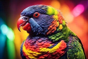Naklejka premium A detailed rainbow lorikeet against a background of neon light streaks in multiple colors, AI Generated