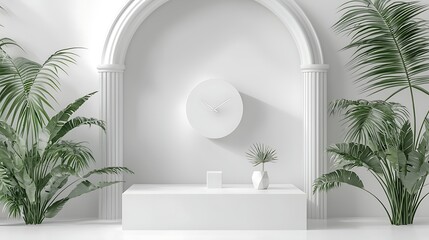 Fototapeta premium Minimalist Interior Design with White Clock and Plants in a Modern Living Space Showcasing Elegance and Simplicity for Contemporary Home Decor