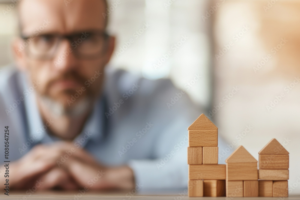 Poster contemplative executive analyzing architectural models in modern office setting