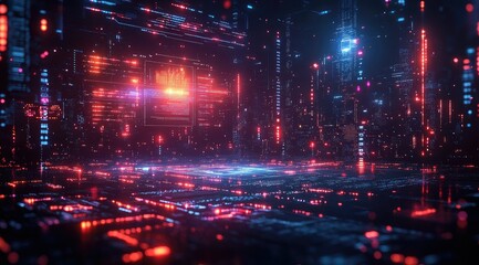 Fototapeta premium Futuristic digital city with neon lights.