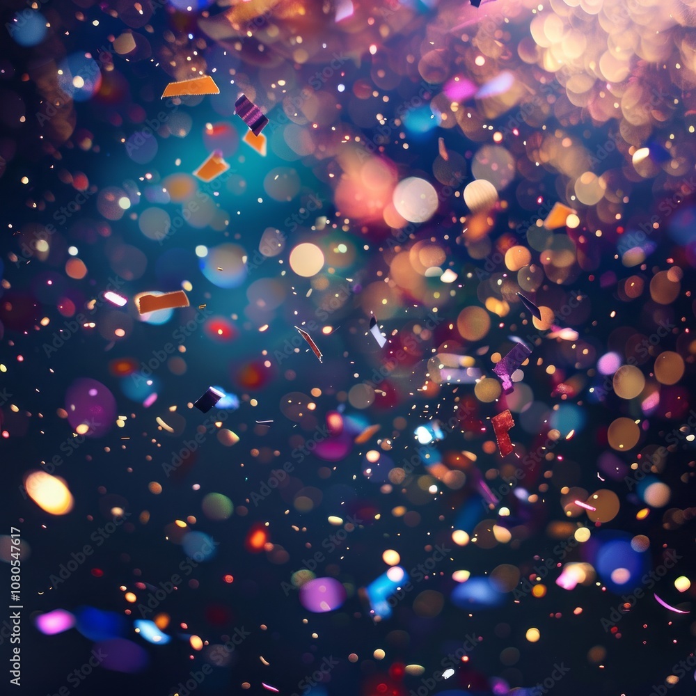 Poster colorful bokeh lights and confetti particles in motion, creating a vibrant and festive abstract back