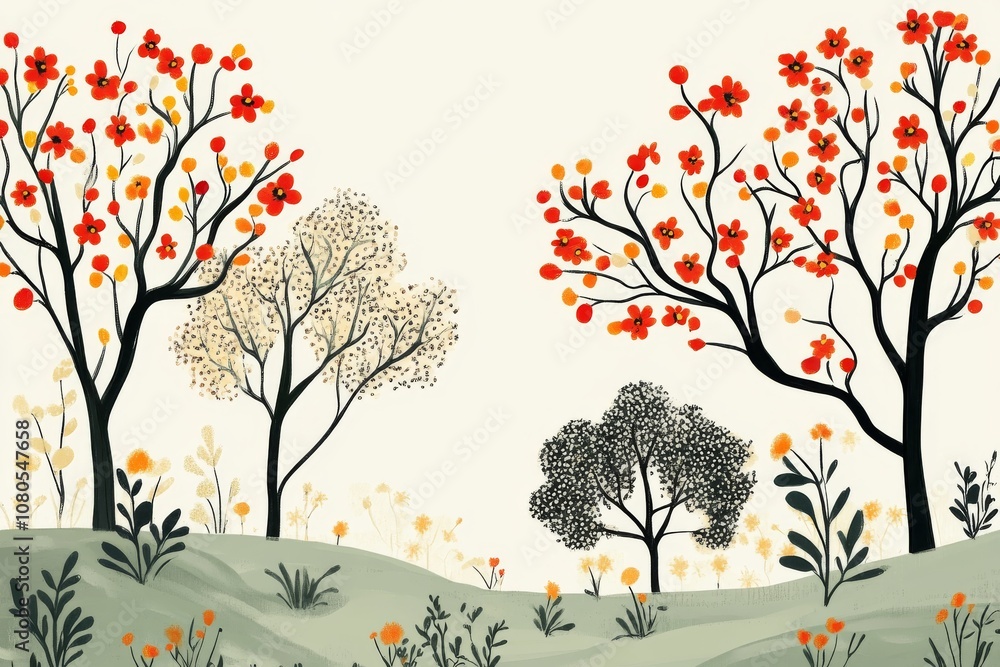 Poster a drawing of a forest with trees and flowers. the trees are in different sizes and colors, and there