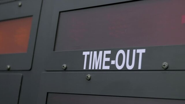Basketball Scoreboard Time-Out - 4K - Close Up - Sport, Game, Competition, Timeout, Break, Strategy, Coach, Players, Digital Display, LED, Stadium, Arena