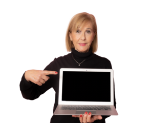 Senior woman showing laptop computer screen isolated over transparent background. PNG transparent.