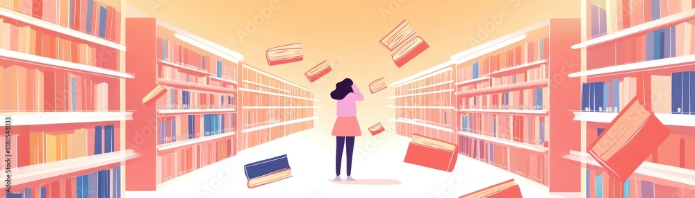 Poster a person stands in a library with floating books, evoking a sense of wonder and exploration.