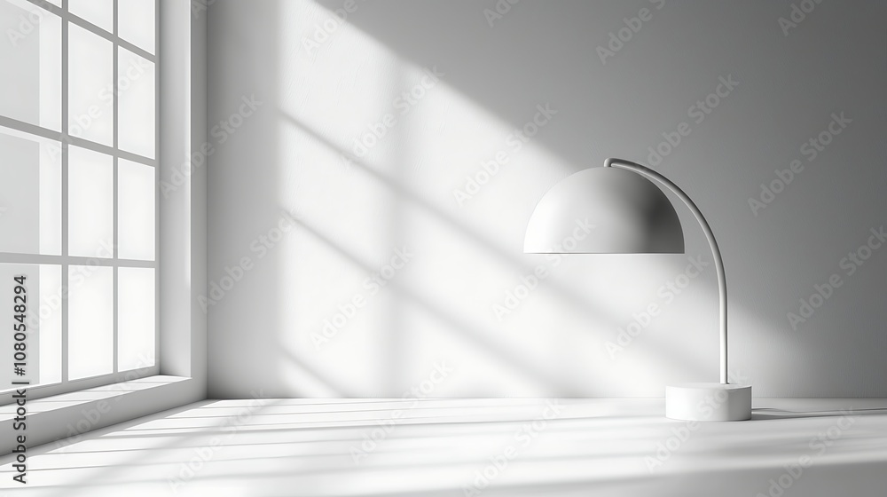 Poster elegant modern table lamp set against minimalist white wall and large window casting soft shadows fo