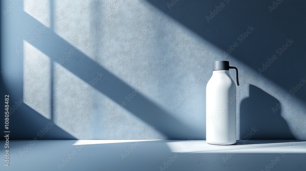 Poster minimalist white bottle on a blue background with dramatic shadows and soft lighting in a contempora