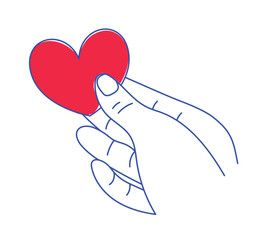 Line illustration of the read heart in hand. St Valentine's day 