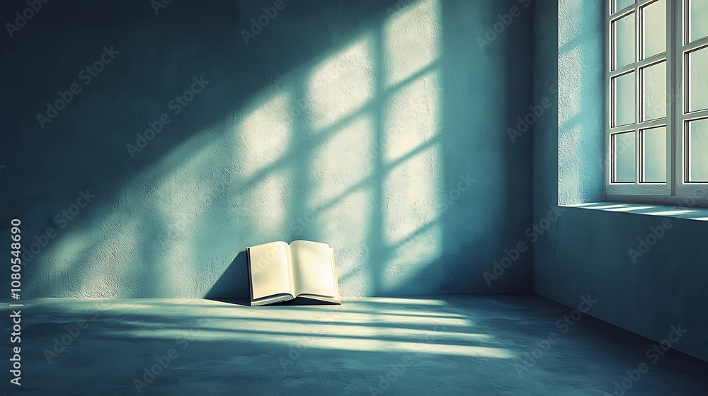 Poster a serene and minimalistic scene of an open book resting on a textured floor, illuminated by soft lig