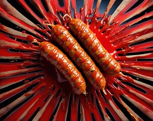 Grilled sausages served with spicy sauce on a vibrant red background