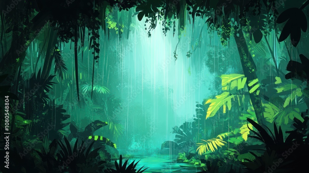Poster A lush, green jungle with sunlight filtering through the canopy, creating a mystical atmosphere.