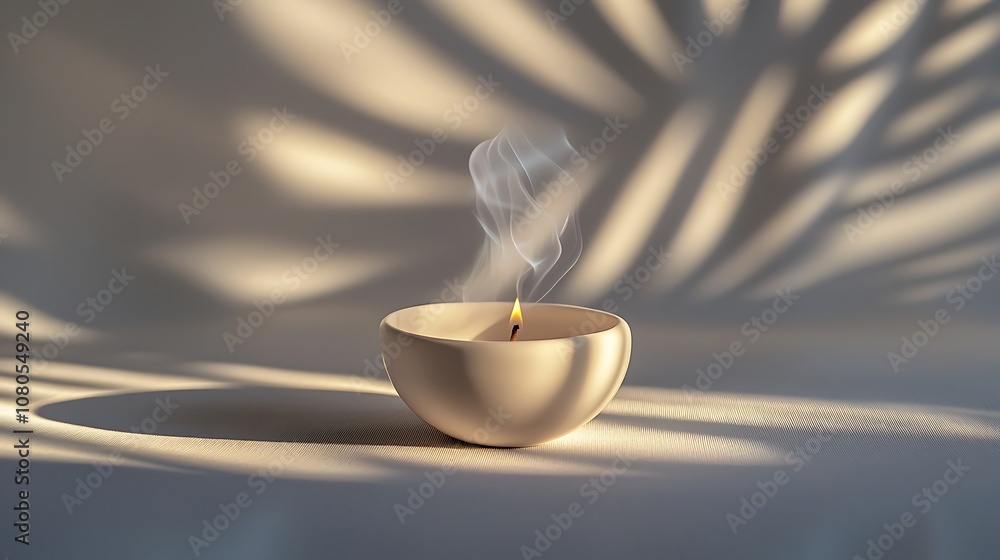 Aufkleber tranquil scene of a candle in a bowl with gentle smoke and soft shadows, evoking serenity and calmne