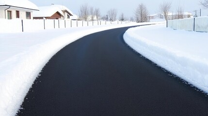 Obraz premium A winding asphalt street bordered by freshly fallen snow in a serene late winter landscape
