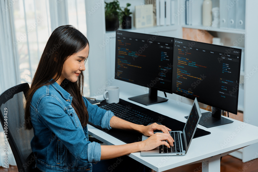 Poster smiling young asian in it developer creating with typing online information on laptop with coding pr