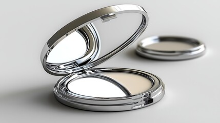 Elegant silver compact mirror with open reflective surface showcasing modern design and minimalistic aesthetic ideal for beauty and fashion themes