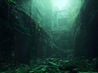 Fototapeta premium Illustration Ancient Ruins Dark Green Fantasy Building Overgrown