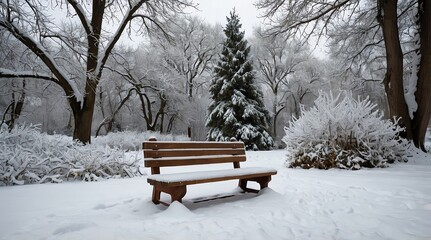 Snow-covered park bench in a serene winter landscape surrounded by frosted trees and shrubs on a snowy day