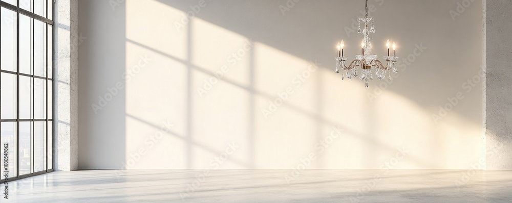 Poster a spacious, minimalistic room with a chandelier and large windows casting shadows.