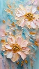 Flowers painted with oil paint. Pink-blue pale gamma. Phone screensaver