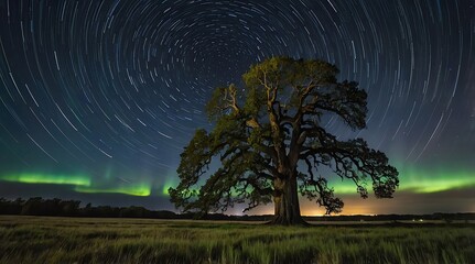 Majestic oak tree stands alone under swirling star trails and vibrant northern lights at night in a serene countryside landscape
