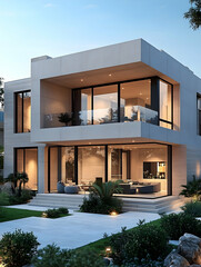 Modern two-story house with large windows, a balcony, and a patio.