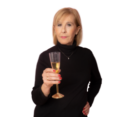 Smiling mature woman drinking champagne standing over transparent background. Celebration concept. PNG transparent.