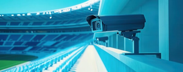 Obraz premium A close-up view of a surveillance camera positioned in a stadium, highlighting security measures for monitoring the area.
