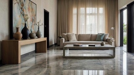 Japandi style living room design with elegant furnishings and natural light in a contemporary home interior setting