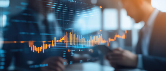 Fototapeta premium Business professionals discussing financial strategies, dynamic graphs and charts illustrating economic analysis, focused collaboration and insight.