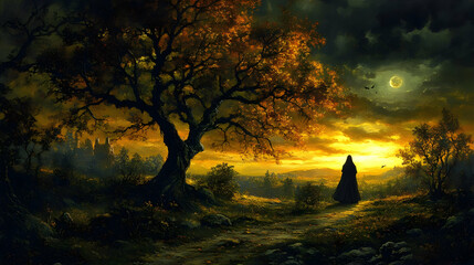 Fototapeta premium Illustration of Autumn Sunset Forest Path