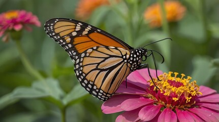 monarch butterfly rests gracefully on a vibrant pink flower during a sunny afternoon in a colorful garden