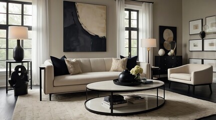 Stylish japandi living room featuring elegant furniture, neutral tones, and minimalist decor with natural light in a contemporary setting