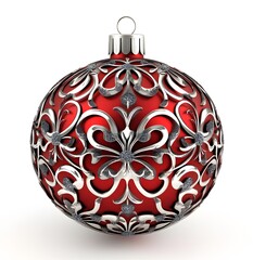 A red Christmas ornament with silver filigree on a white background. The ornament has a shiny, matte finish 