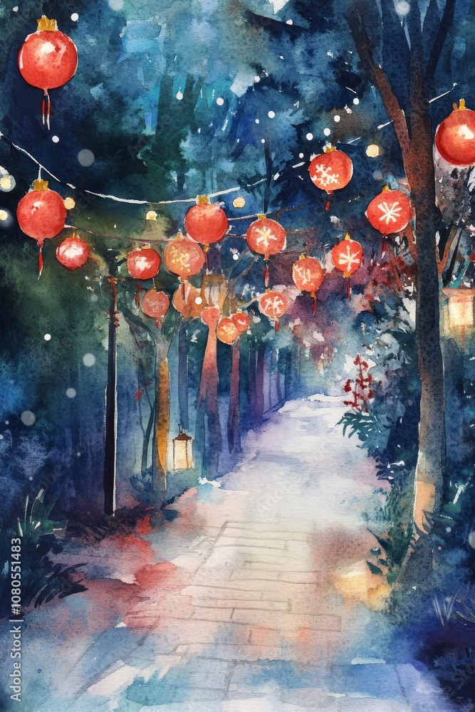 Poster a magical forest path adorned with glowing red lanterns, creating a mystical and enchanting nighttim