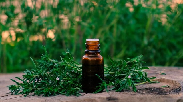 Thyme extract in a bottle. Selective focus.