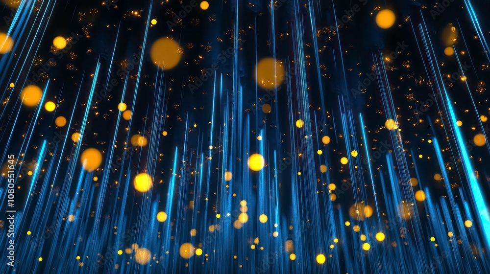 Poster abstract blue lines and gold bokeh on a dark background.
