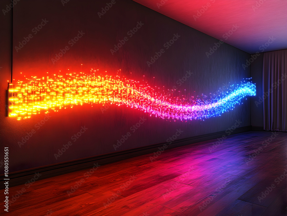 Poster a colorful light streak extends from a wall socket across an empty room.