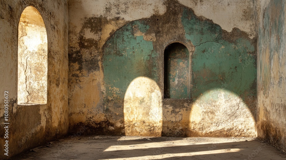 Poster an abandoned room with textured walls and light casting shadows through arched windows.