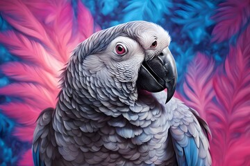 Fototapeta premium An african grey parrot on a glowing blue and pink patterned background, AI Generated