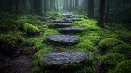 Pathway of stone steps through a misty, moss-covered forest.