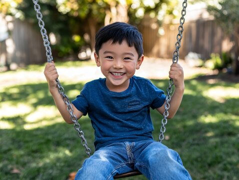 Joyful asian boy in jeans and blue shirt playing on swing during sunny day in backyard