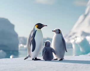 Obraz premium Cute emperor penguins with fluffy gray baby chicks standing together on the white snow in winter, with an ice and ocean background. 