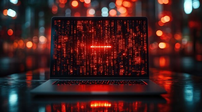 Laptop with red code on screen and blurry city lights in background.